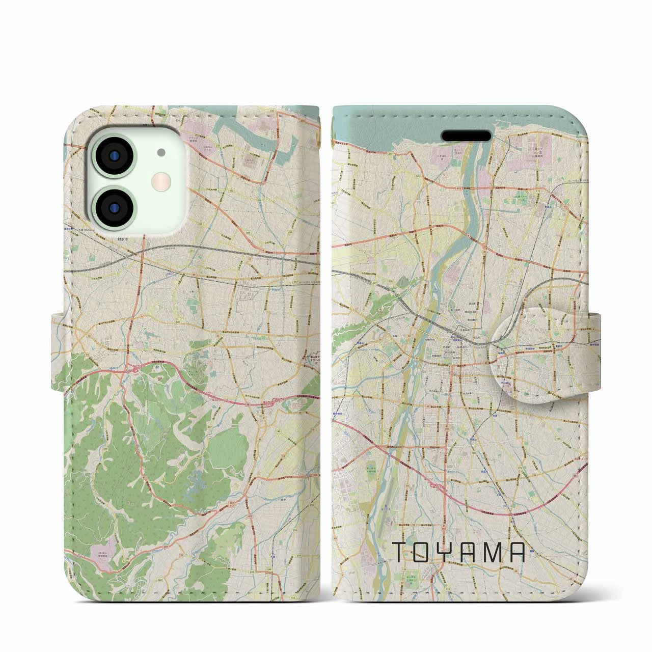 【富山】地図柄iPhoneケース（手帳両面タイプ・ナチュラル）iPhone 12 mini 用