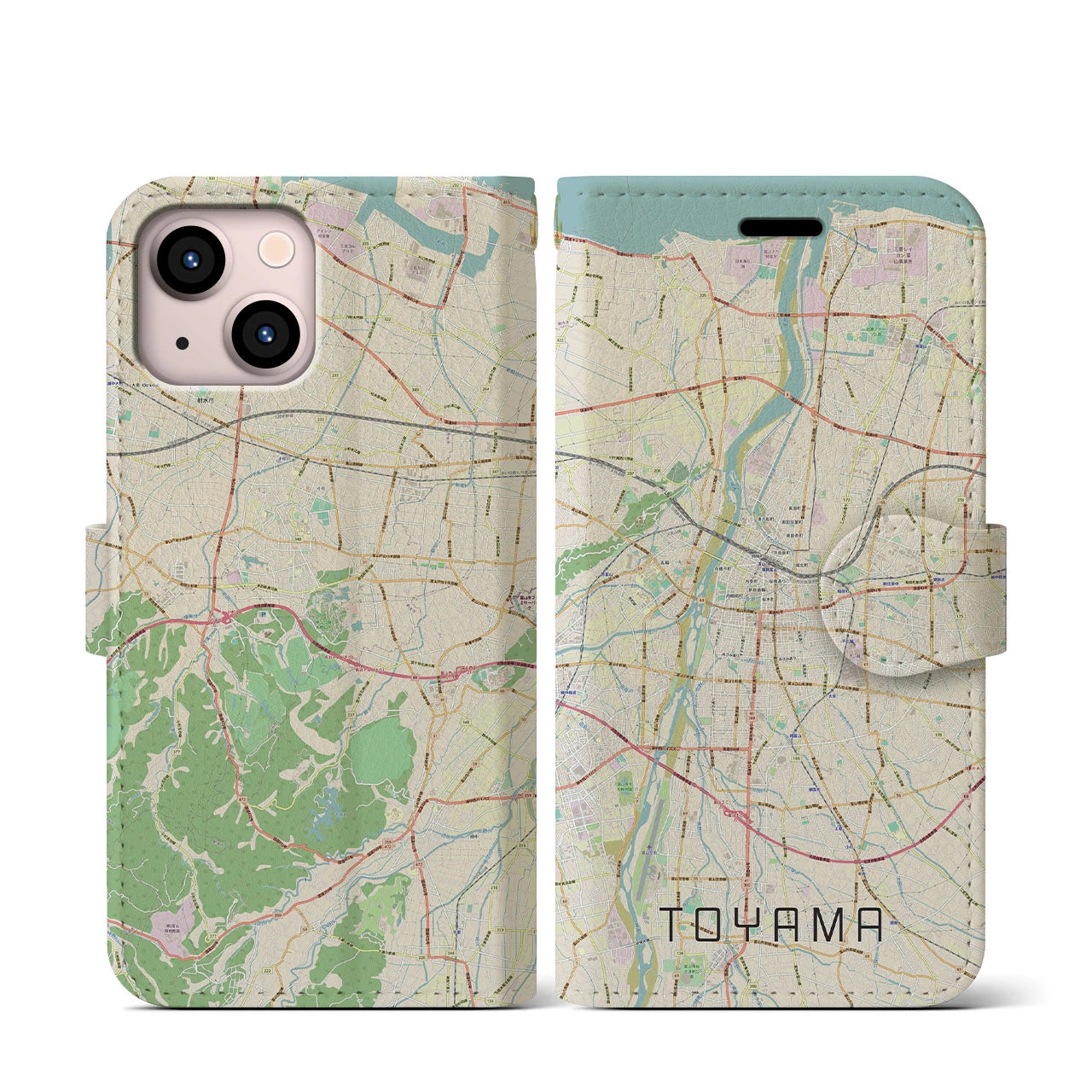 【富山】地図柄iPhoneケース（手帳両面タイプ・ナチュラル）iPhone 13 mini 用