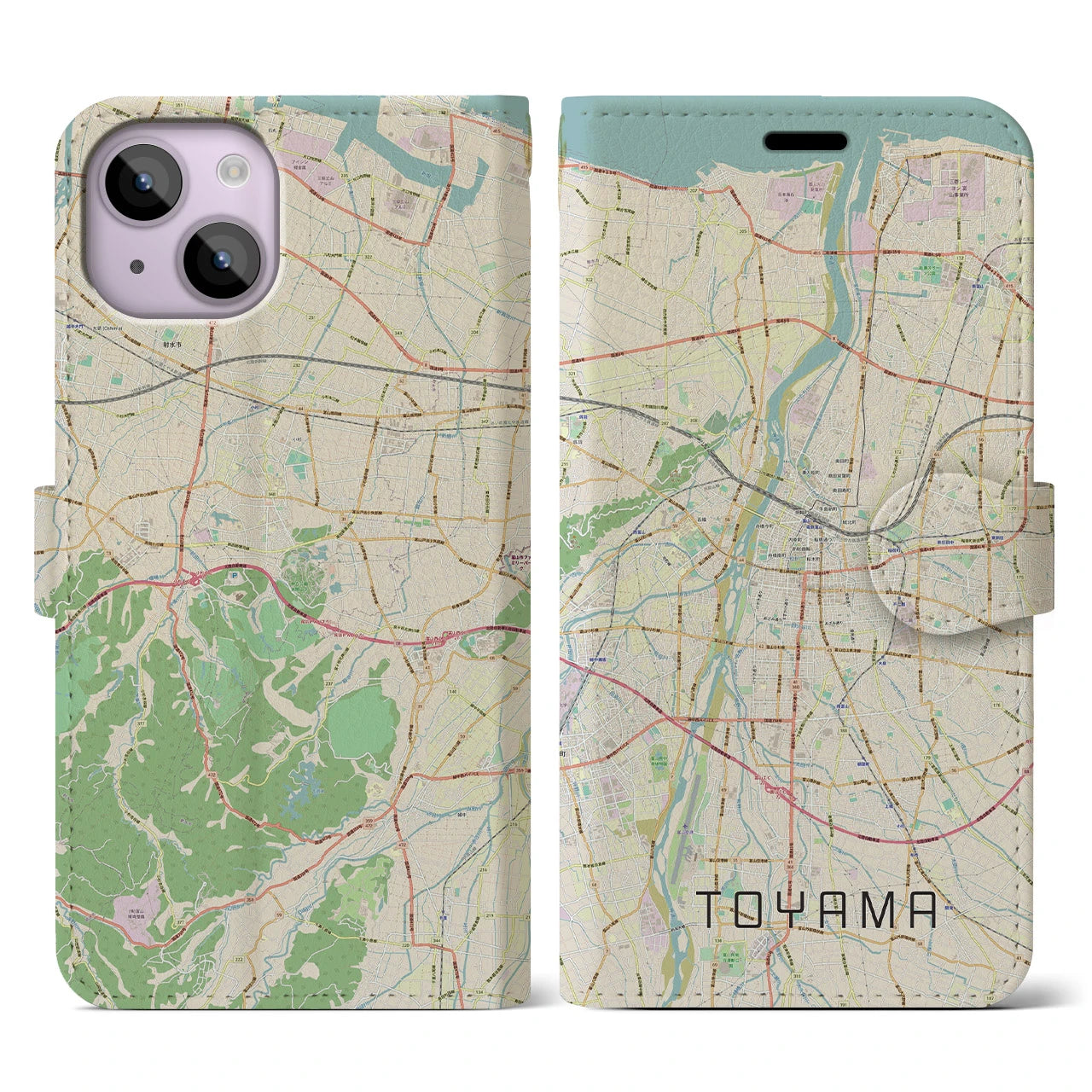【富山】地図柄iPhoneケース（手帳両面タイプ・ナチュラル）iPhone 14 用