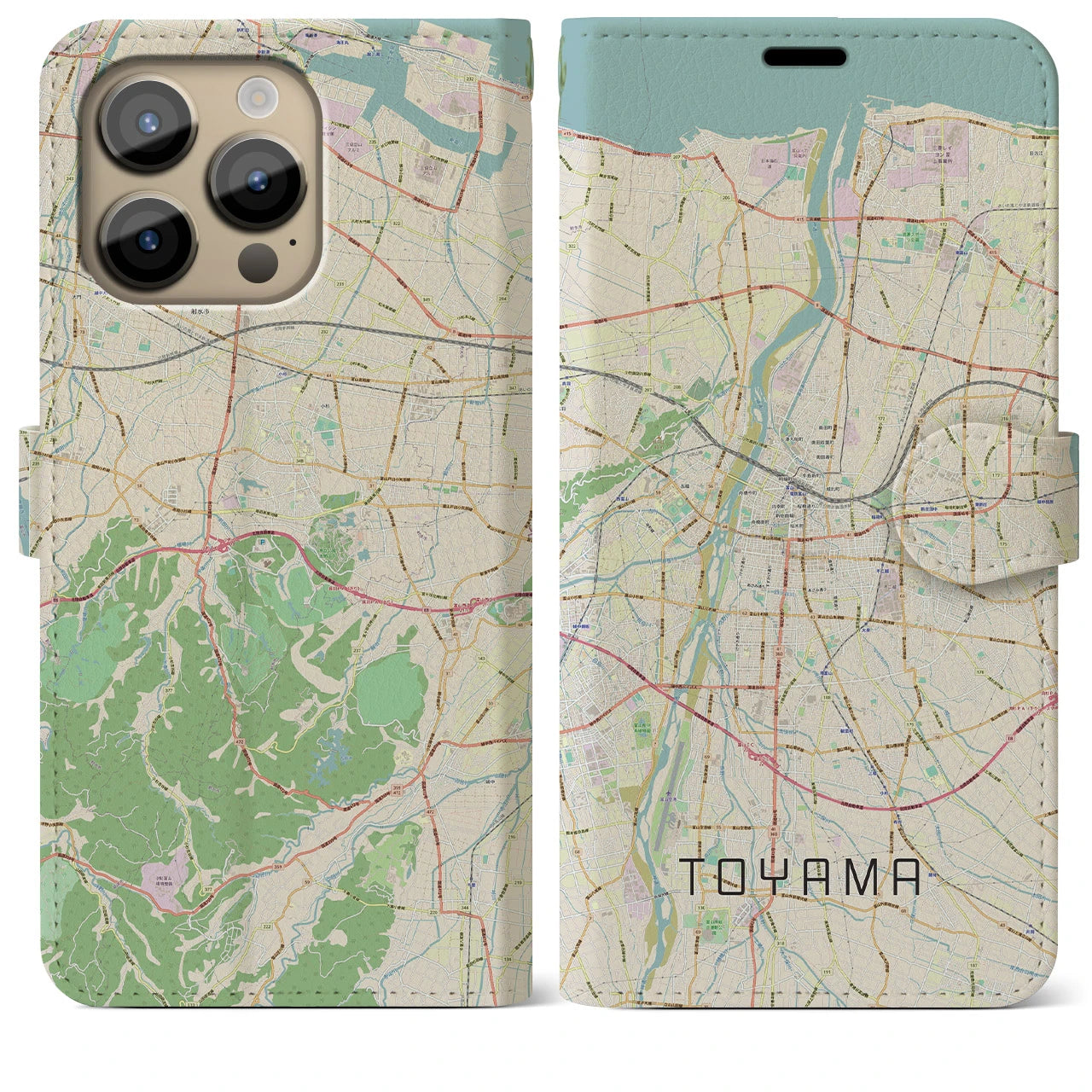 【富山】地図柄iPhoneケース（手帳両面タイプ・ナチュラル）iPhone 14 Pro Max 用