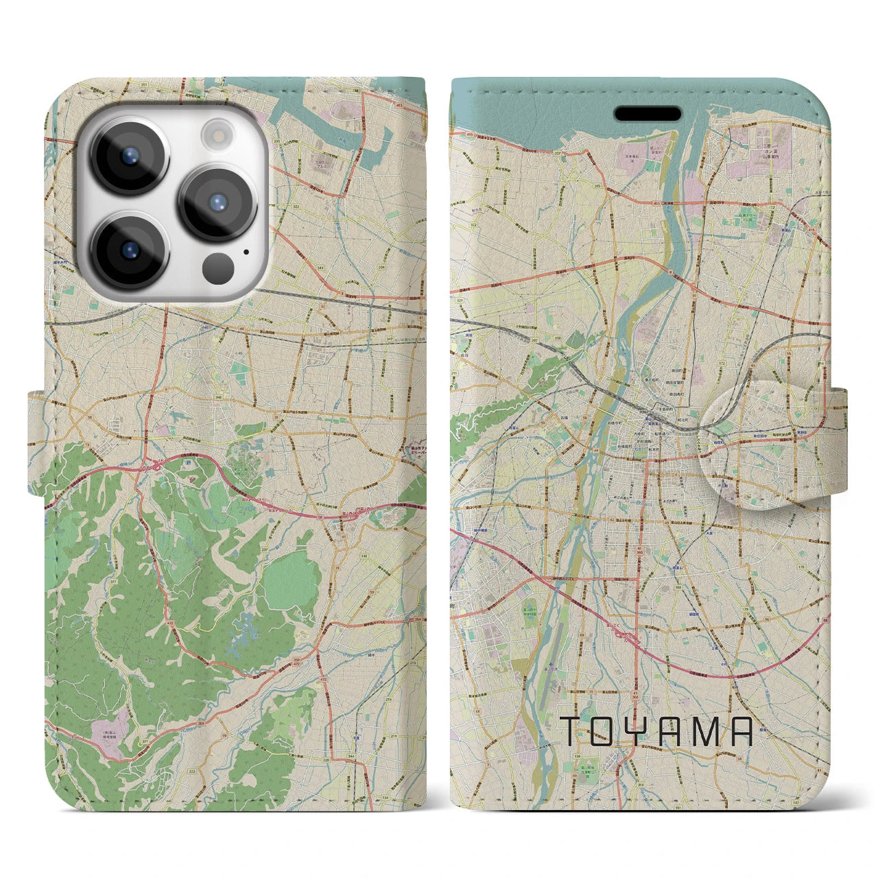 【富山】地図柄iPhoneケース（手帳両面タイプ・ナチュラル）iPhone 14 Pro 用