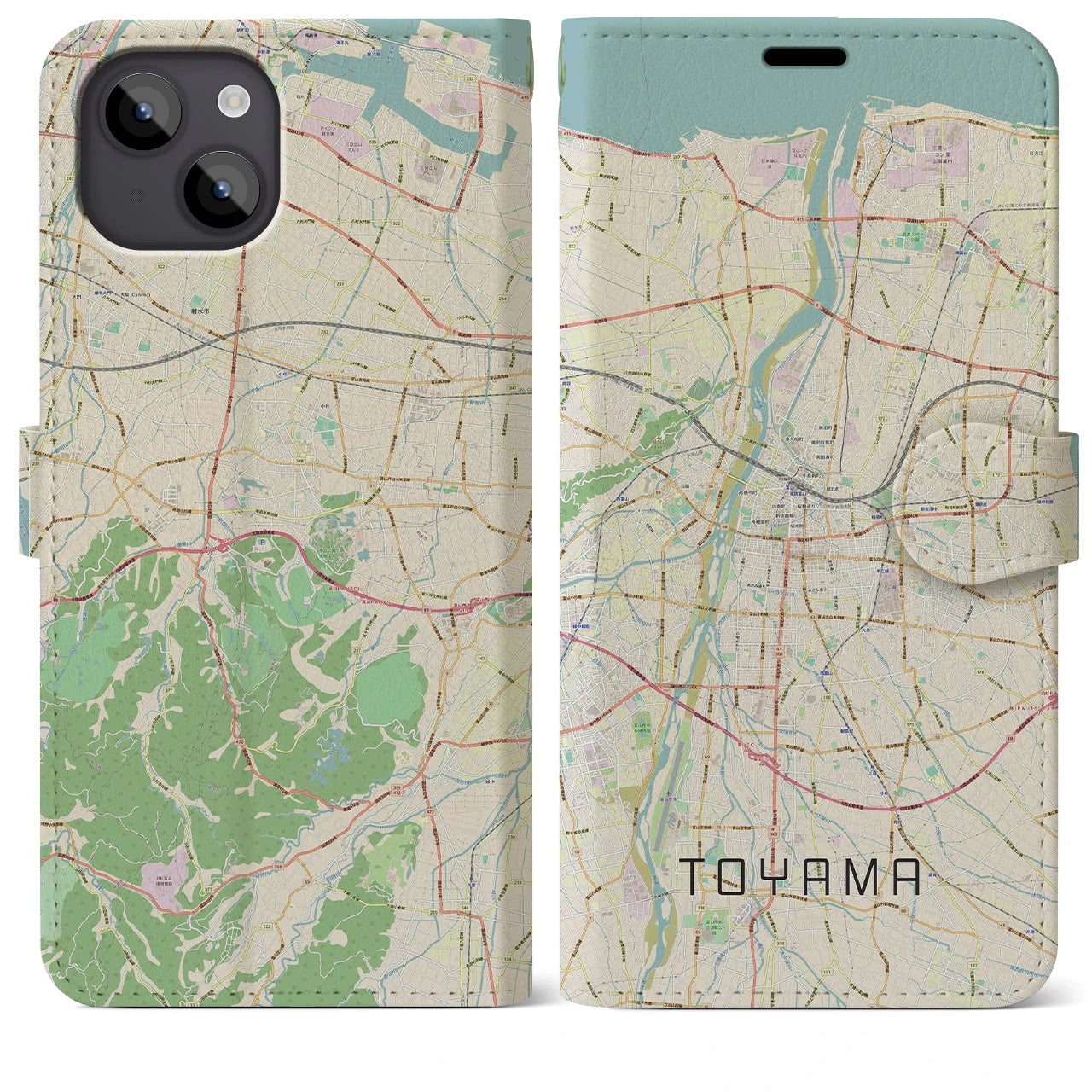 【富山】地図柄iPhoneケース（手帳両面タイプ・ナチュラル）iPhone 14 Plus 用