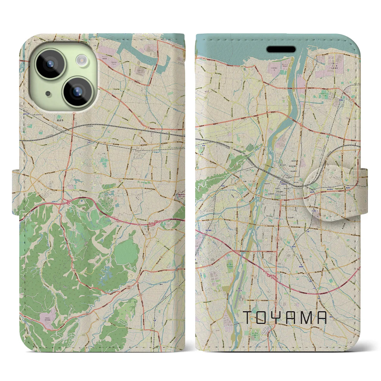 【富山】地図柄iPhoneケース（手帳両面タイプ・ナチュラル）iPhone 15 用