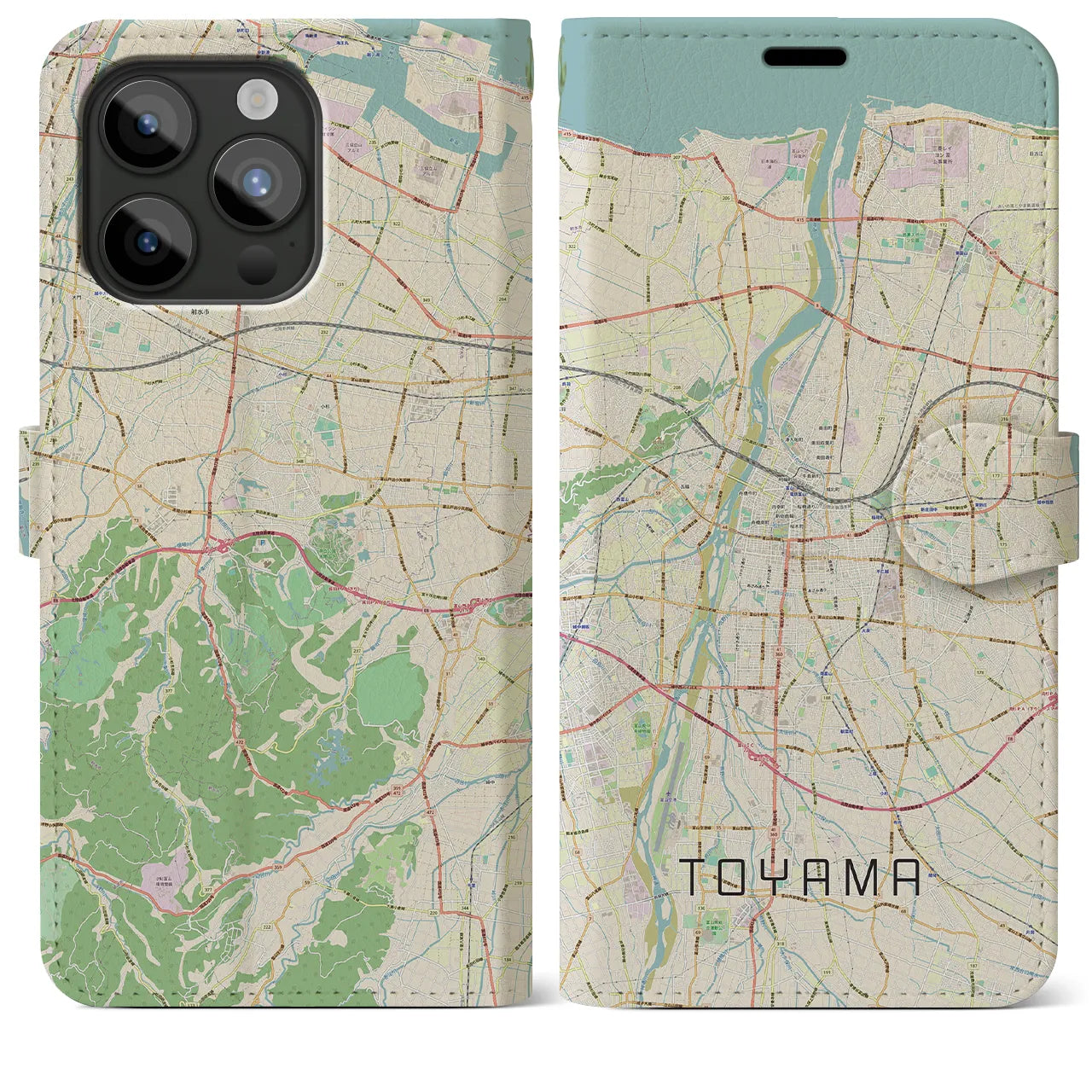 【富山】地図柄iPhoneケース（手帳両面タイプ・ナチュラル）iPhone 15 Pro Max 用