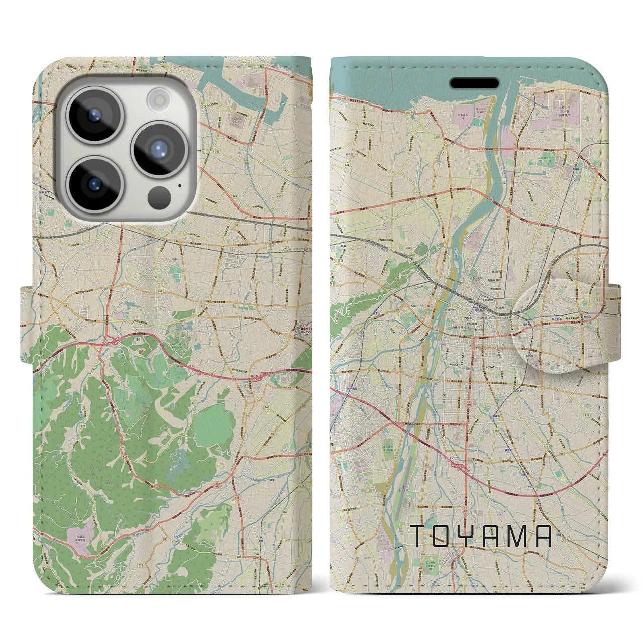【富山】地図柄iPhoneケース（手帳両面タイプ・ナチュラル）iPhone 15 Pro 用