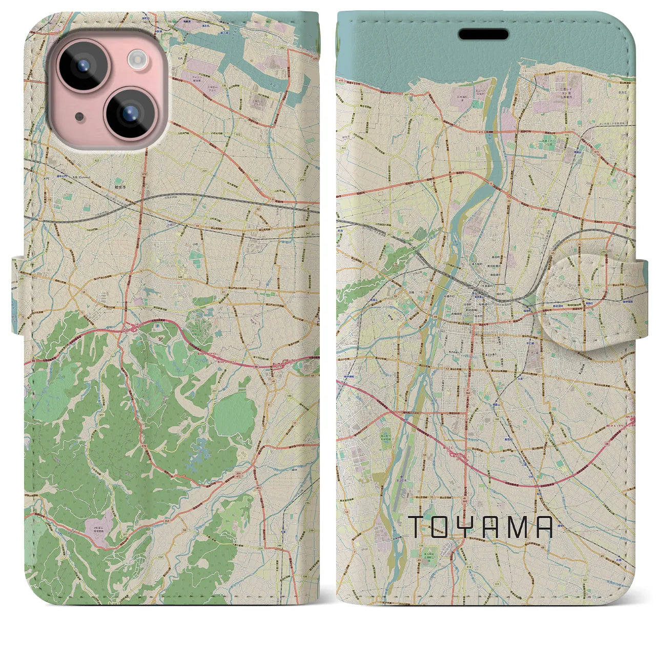 【富山】地図柄iPhoneケース（手帳両面タイプ・ナチュラル）iPhone 15 Plus 用