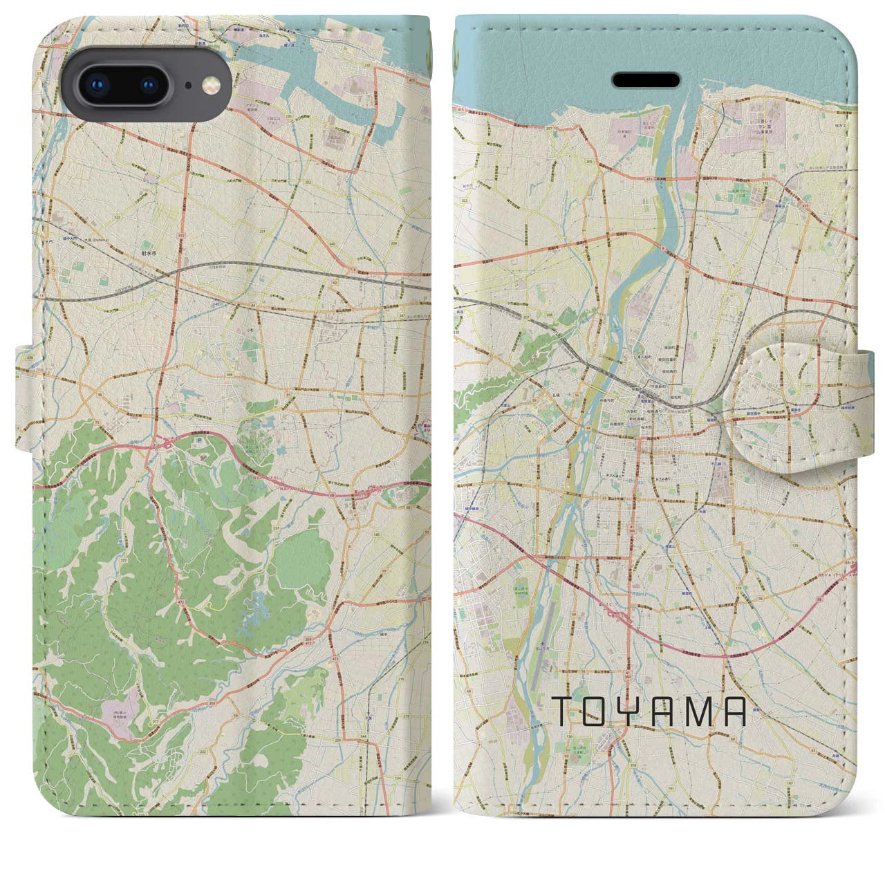 【富山】地図柄iPhoneケース（手帳両面タイプ・ナチュラル）iPhone 8Plus /7Plus / 6sPlus / 6Plus 用