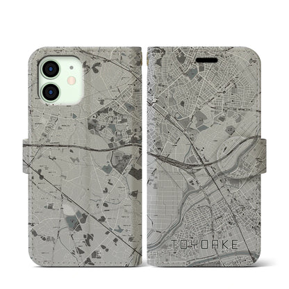 【豊明（愛知県）】地図柄iPhoneケース（手帳タイプ）モノトーン・iPhone 12 mini 用