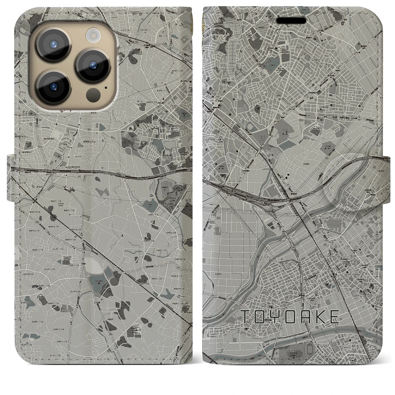 【豊明】地図柄iPhoneケース（手帳両面タイプ・モノトーン）iPhone 14 Pro Max 用