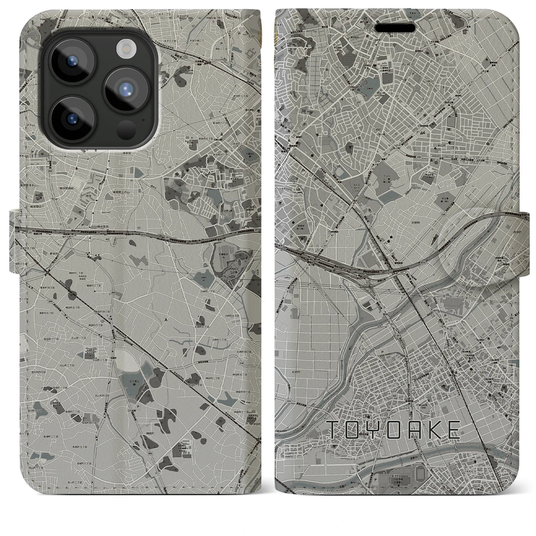 【豊明】地図柄iPhoneケース（手帳両面タイプ・モノトーン）iPhone 15 Pro Max 用
