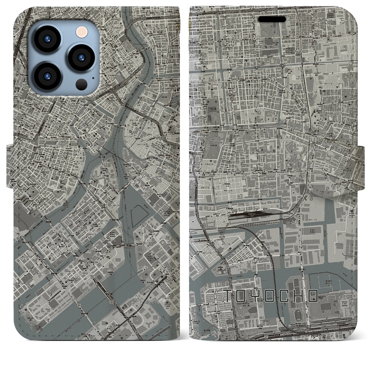 【東陽町】地図柄iPhoneケース（手帳両面タイプ・モノトーン）iPhone 13 Pro Max 用