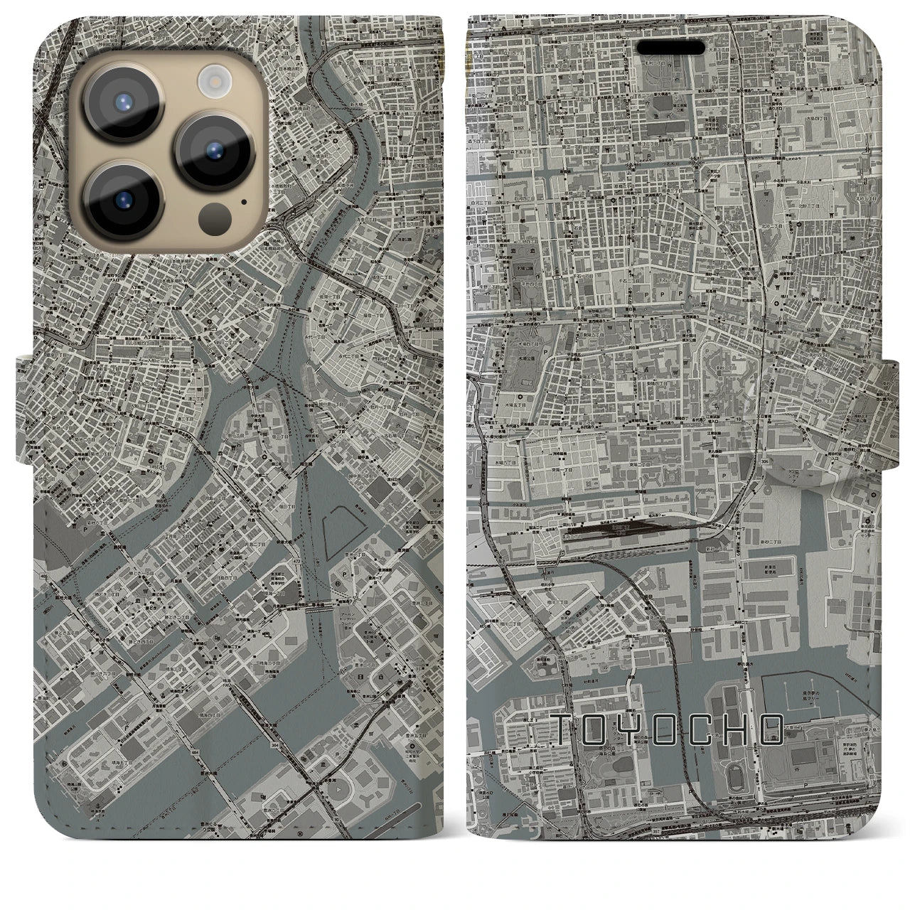 【東陽町】地図柄iPhoneケース（手帳両面タイプ・モノトーン）iPhone 14 Pro Max 用