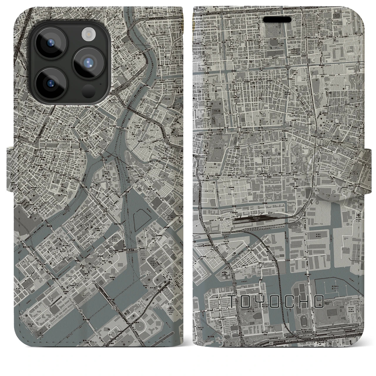 【東陽町】地図柄iPhoneケース（手帳両面タイプ・モノトーン）iPhone 15 Pro Max 用