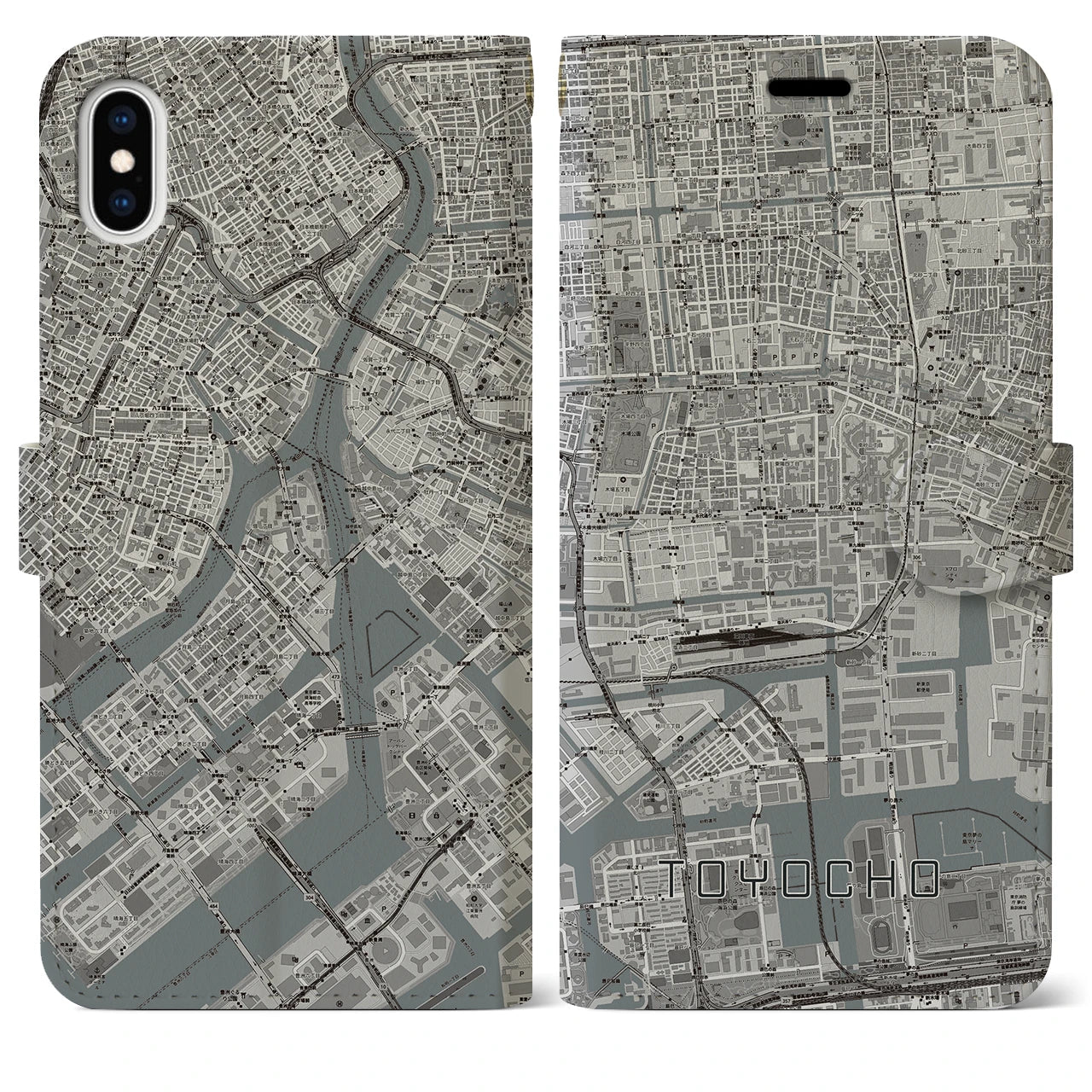 【東陽町】地図柄iPhoneケース（手帳両面タイプ・モノトーン）iPhone XS Max 用