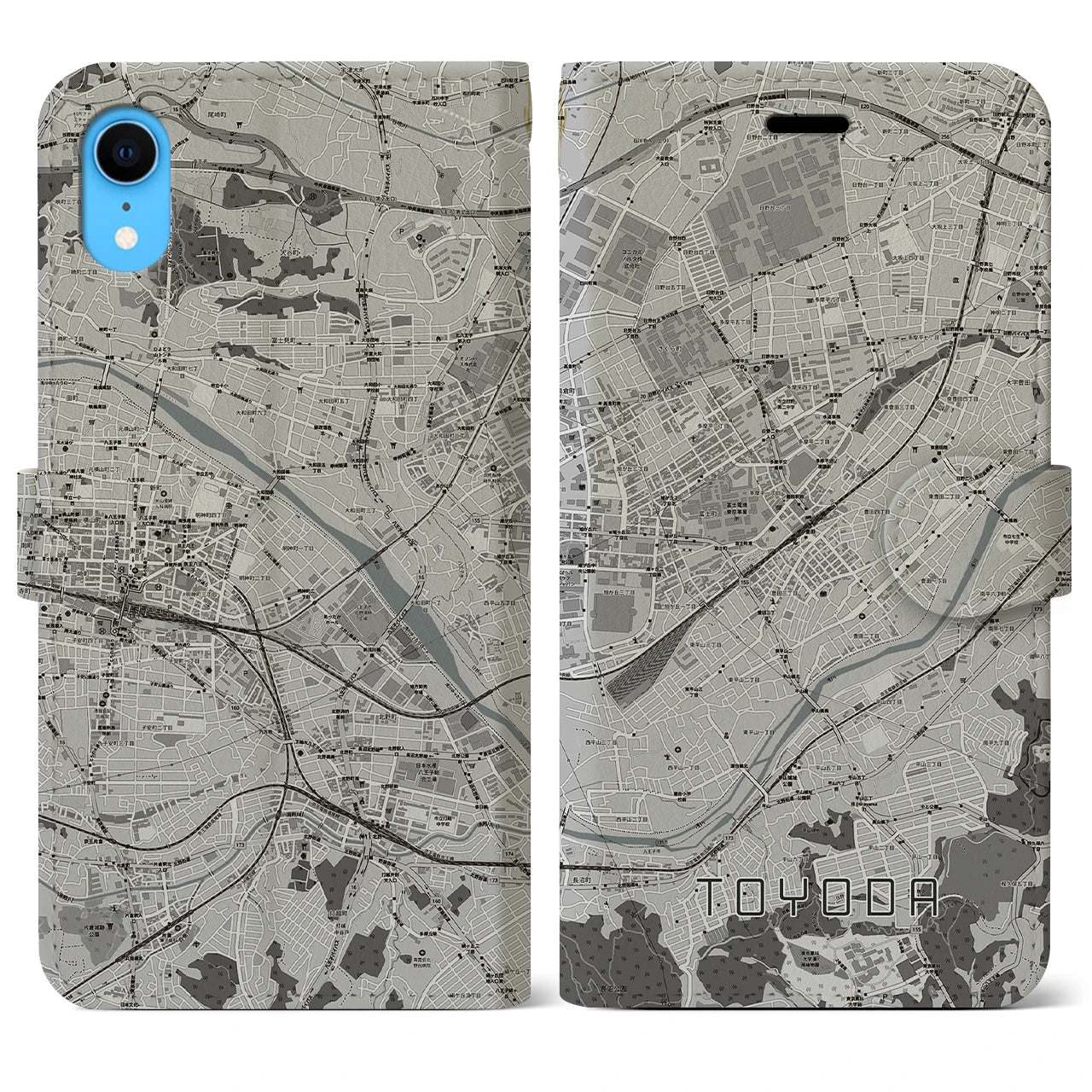 【豊田】地図柄iPhoneケース（手帳両面タイプ・モノトーン）iPhone XR 用