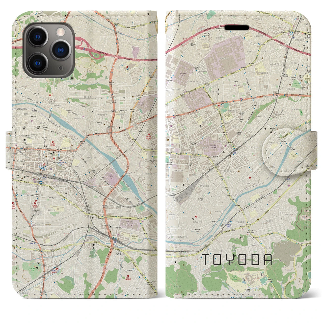 【豊田】地図柄iPhoneケース（手帳両面タイプ・ナチュラル）iPhone 11 Pro Max 用