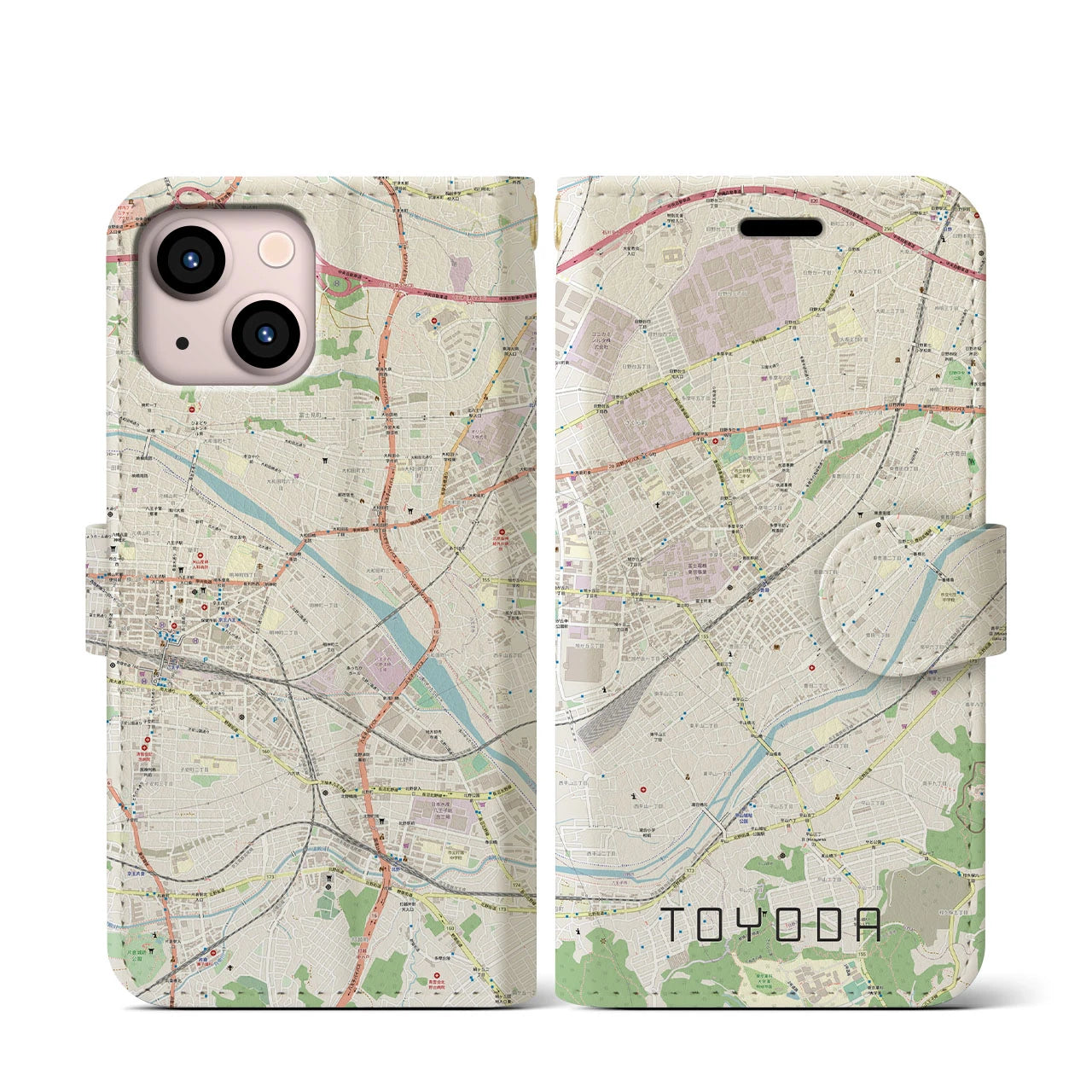 【豊田】地図柄iPhoneケース（手帳両面タイプ・ナチュラル）iPhone 13 mini 用