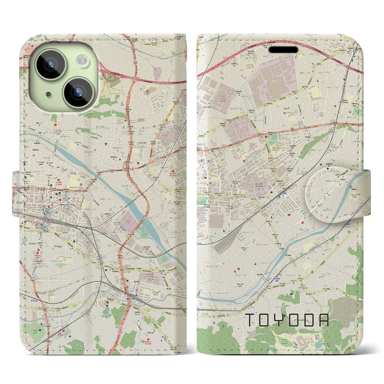 【豊田】地図柄iPhoneケース（手帳両面タイプ・ナチュラル）iPhone 15 用
