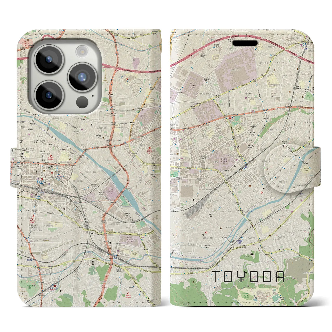【豊田】地図柄iPhoneケース（手帳両面タイプ・ナチュラル）iPhone 15 Pro 用