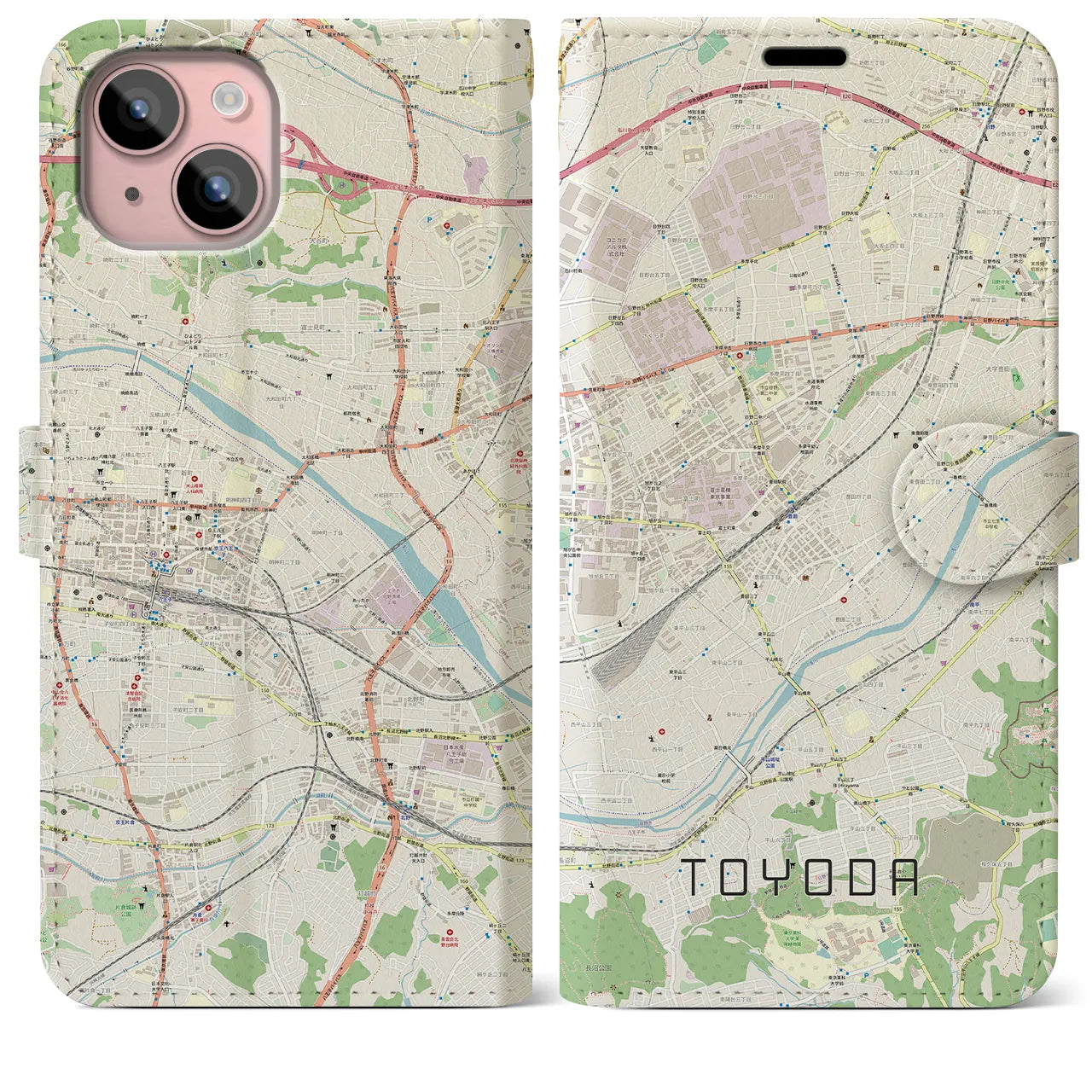 【豊田】地図柄iPhoneケース（手帳両面タイプ・ナチュラル）iPhone 15 Plus 用