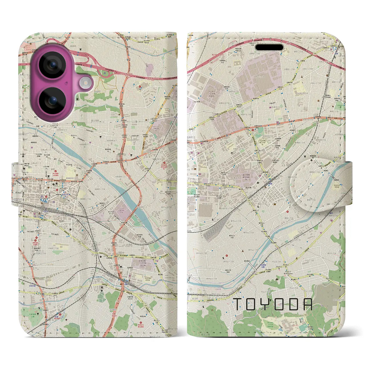 【豊田（東京都）】地図柄iPhoneケース（手帳タイプ）ナチュラル・iPhone 16 Pro 用