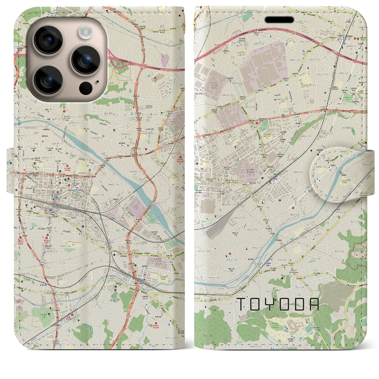 【豊田（東京都）】地図柄iPhoneケース（手帳タイプ）ナチュラル・iPhone 16 Plus 用