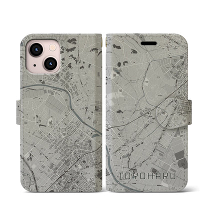 【豊春（埼玉県）】地図柄iPhoneケース（手帳タイプ）モノトーン・iPhone 13 mini 用