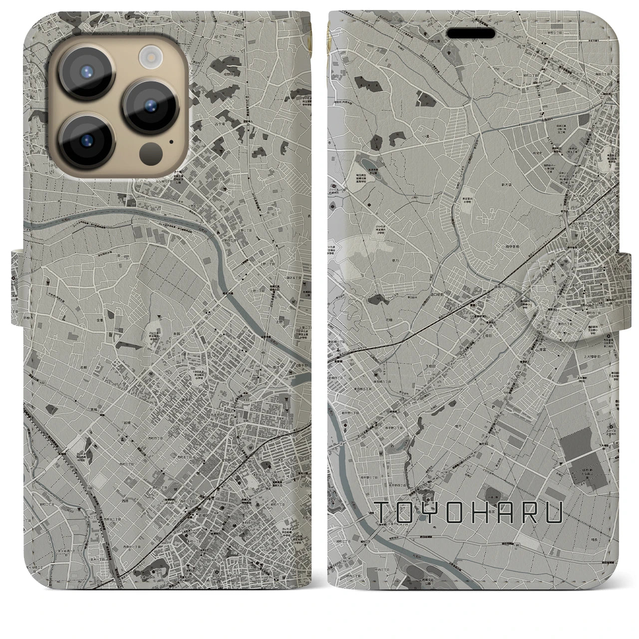 【豊春】地図柄iPhoneケース（手帳両面タイプ・モノトーン）iPhone 14 Pro Max 用