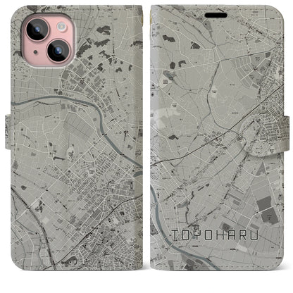 【豊春（埼玉県）】地図柄iPhoneケース（手帳タイプ）モノトーン・iPhone 15 Plus 用
