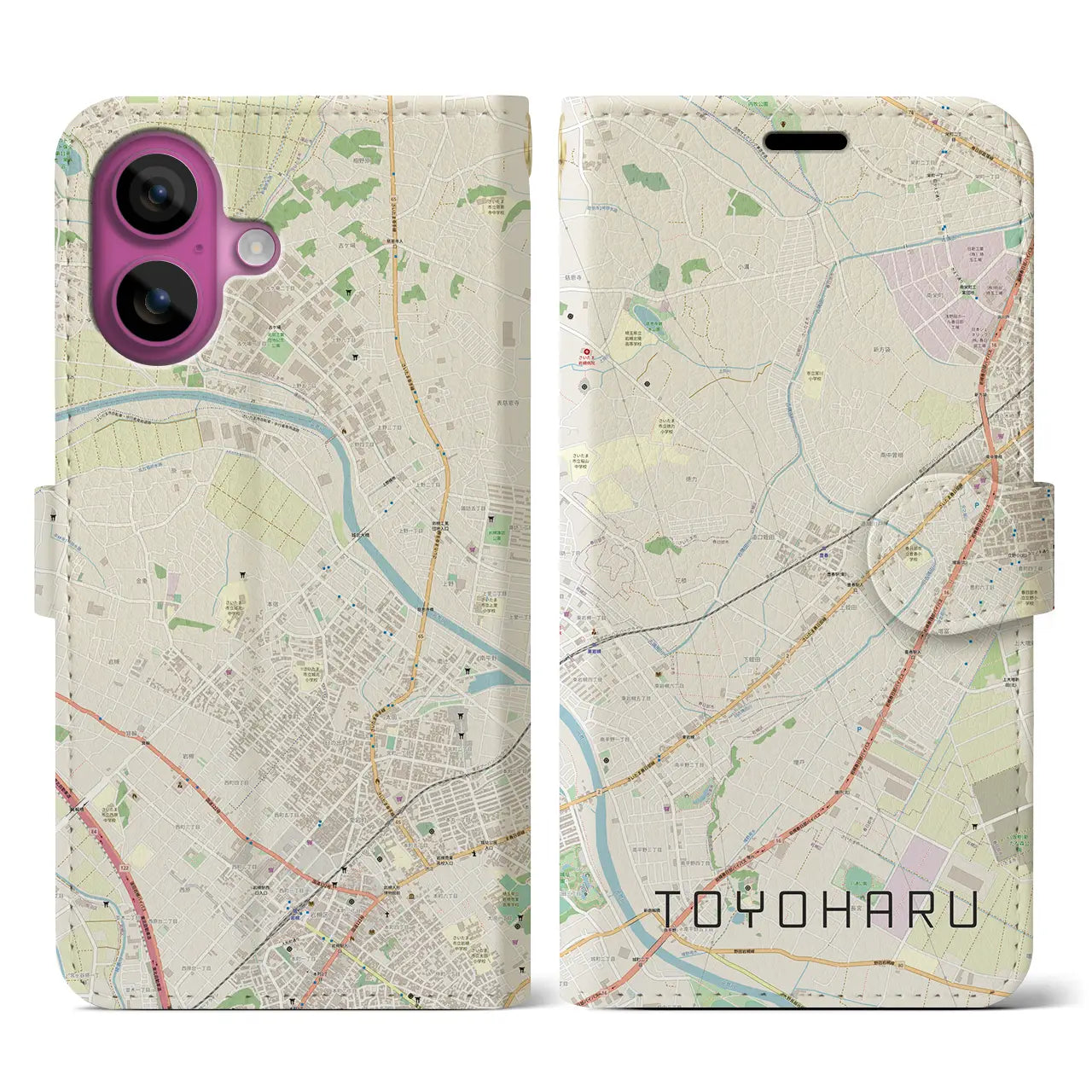 【豊春（埼玉県）】地図柄iPhoneケース（手帳タイプ）ナチュラル・iPhone 16 Pro 用