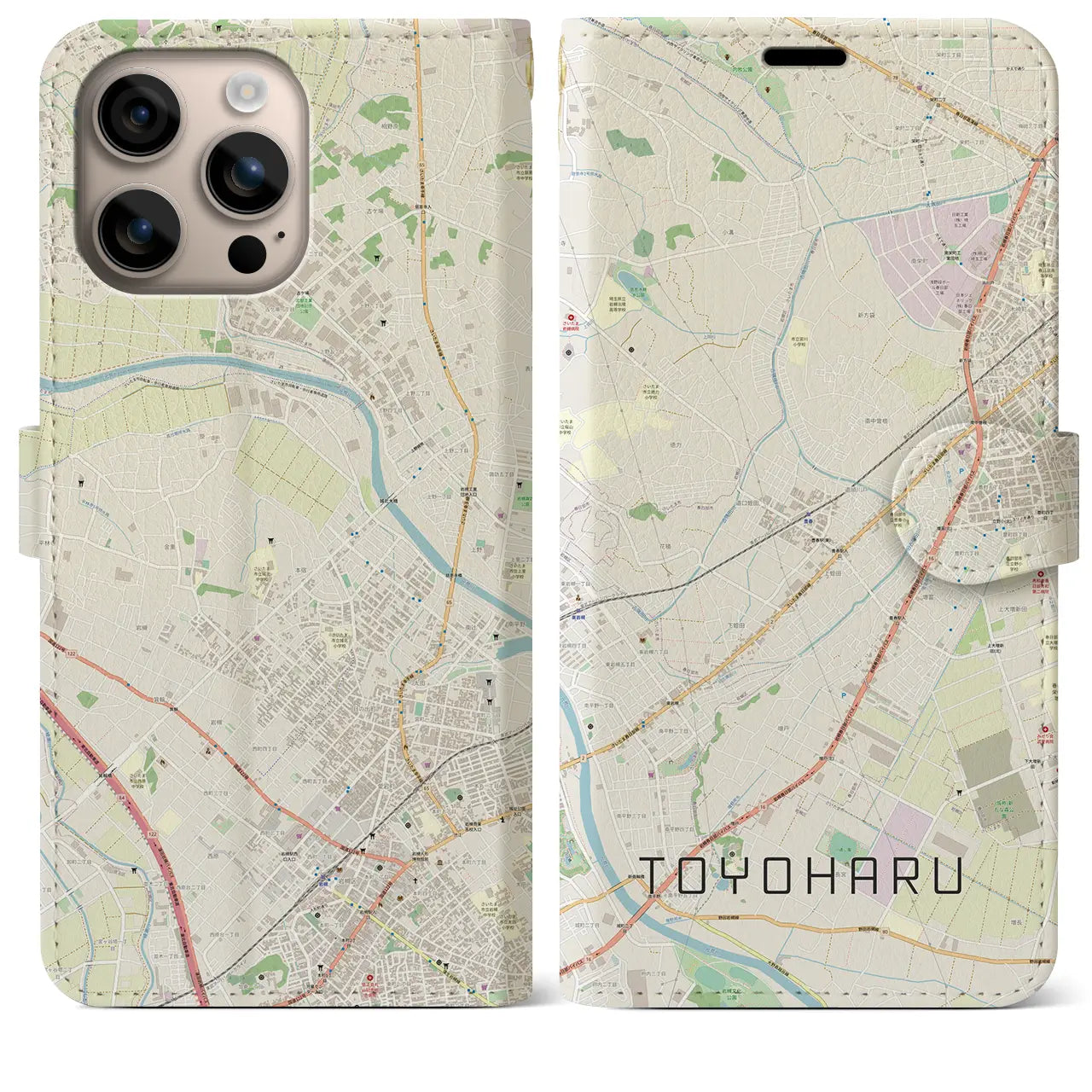 【豊春（埼玉県）】地図柄iPhoneケース（手帳タイプ）ナチュラル・iPhone 16 Plus 用