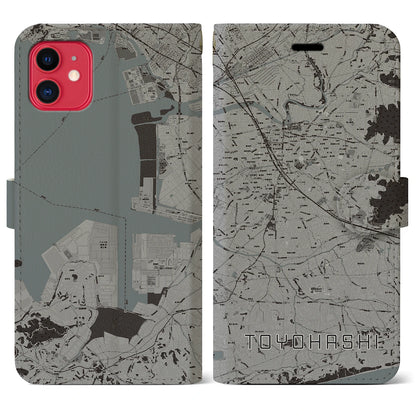 【豊橋（愛知県）】地図柄iPhoneケース（手帳タイプ）モノトーン・iPhone 11 用