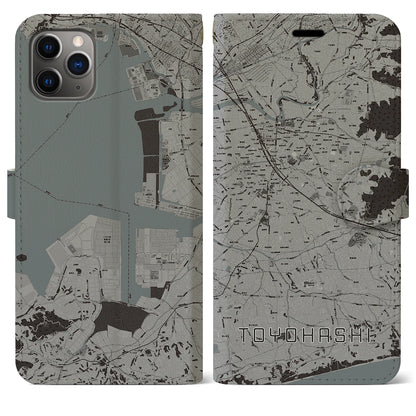 【豊橋（愛知県）】地図柄iPhoneケース（手帳タイプ）モノトーン・iPhone 11 Pro Max 用