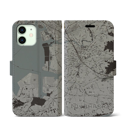 【豊橋（愛知県）】地図柄iPhoneケース（手帳タイプ）モノトーン・iPhone 12 mini 用