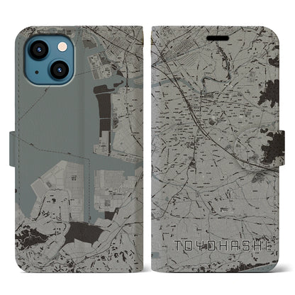 【豊橋（愛知県）】地図柄iPhoneケース（手帳タイプ）モノトーン・iPhone 13 用