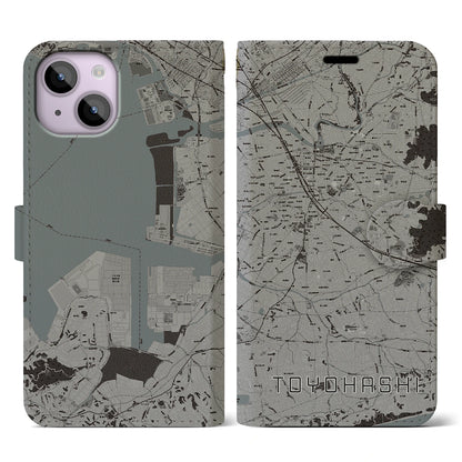 【豊橋（愛知県）】地図柄iPhoneケース（手帳タイプ）モノトーン・iPhone 14 用