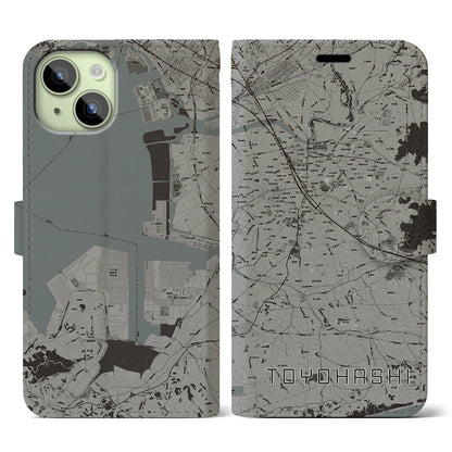 【豊橋（愛知県）】地図柄iPhoneケース（手帳タイプ）モノトーン・iPhone 15 用