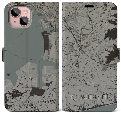 【豊橋（愛知県）】地図柄iPhoneケース（手帳タイプ）モノトーン・iPhone 15 Plus 用