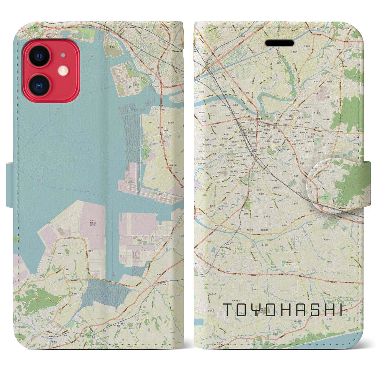 【豊橋】地図柄iPhoneケース（手帳両面タイプ・ナチュラル）iPhone 11 用