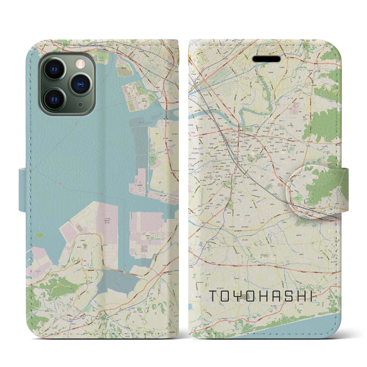 【豊橋】地図柄iPhoneケース（手帳両面タイプ・ナチュラル）iPhone 11 Pro 用