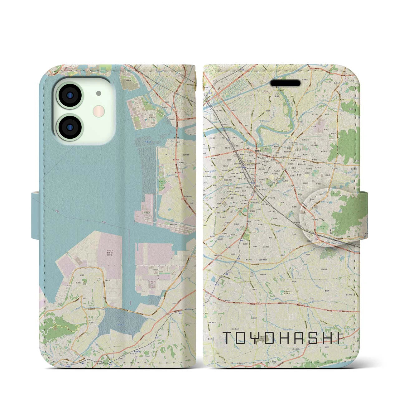 【豊橋】地図柄iPhoneケース（手帳両面タイプ・ナチュラル）iPhone 12 mini 用