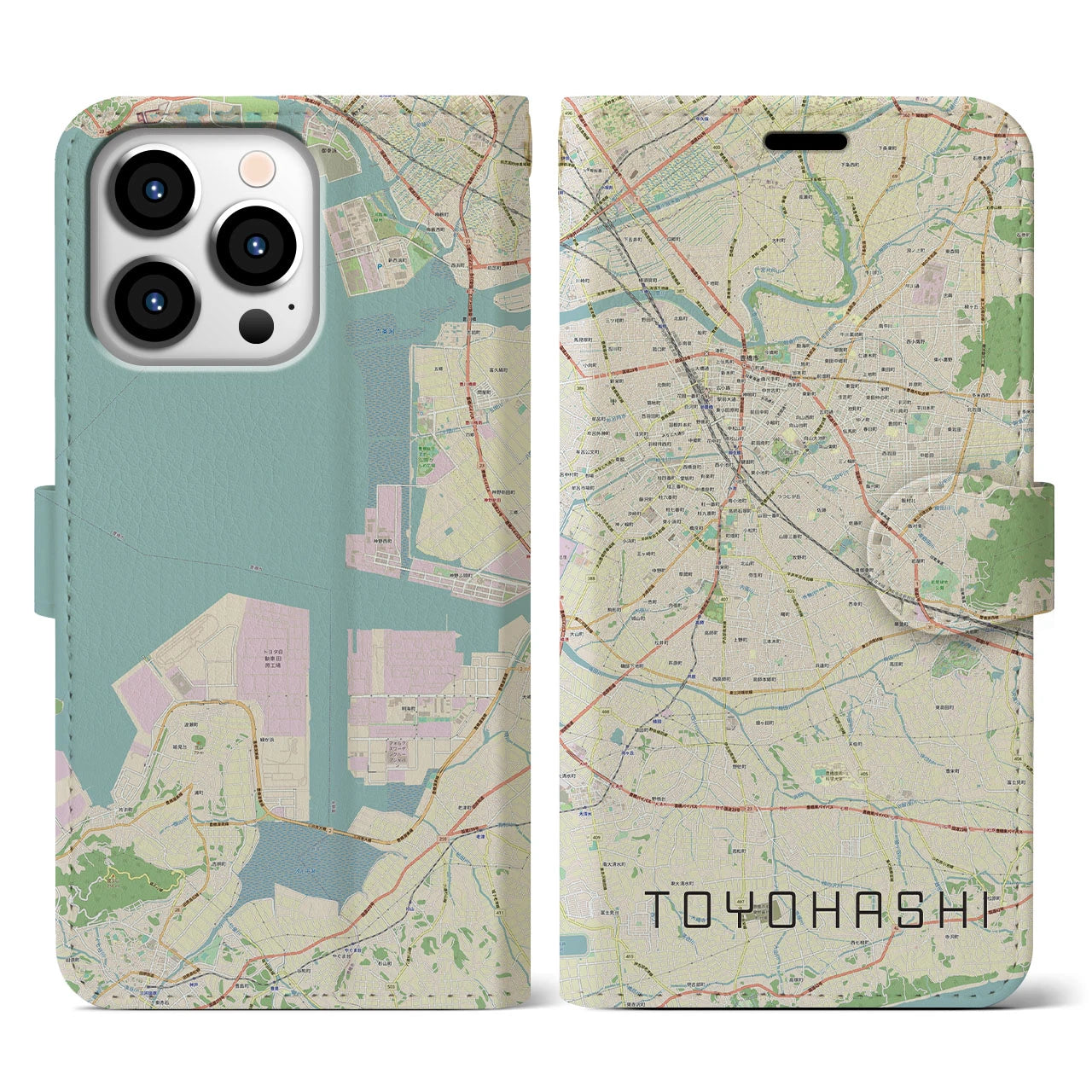 【豊橋】地図柄iPhoneケース（手帳両面タイプ・ナチュラル）iPhone 13 Pro 用