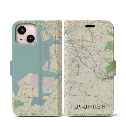 【豊橋（愛知県）】地図柄iPhoneケース（手帳タイプ）ナチュラル・iPhone 13 mini 用