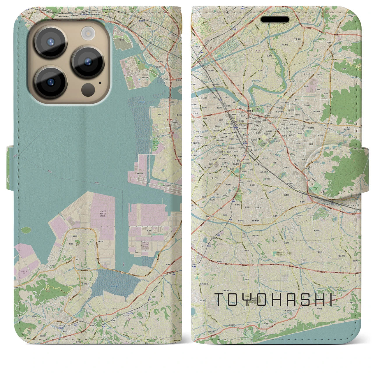 【豊橋】地図柄iPhoneケース（手帳両面タイプ・ナチュラル）iPhone 14 Pro Max 用