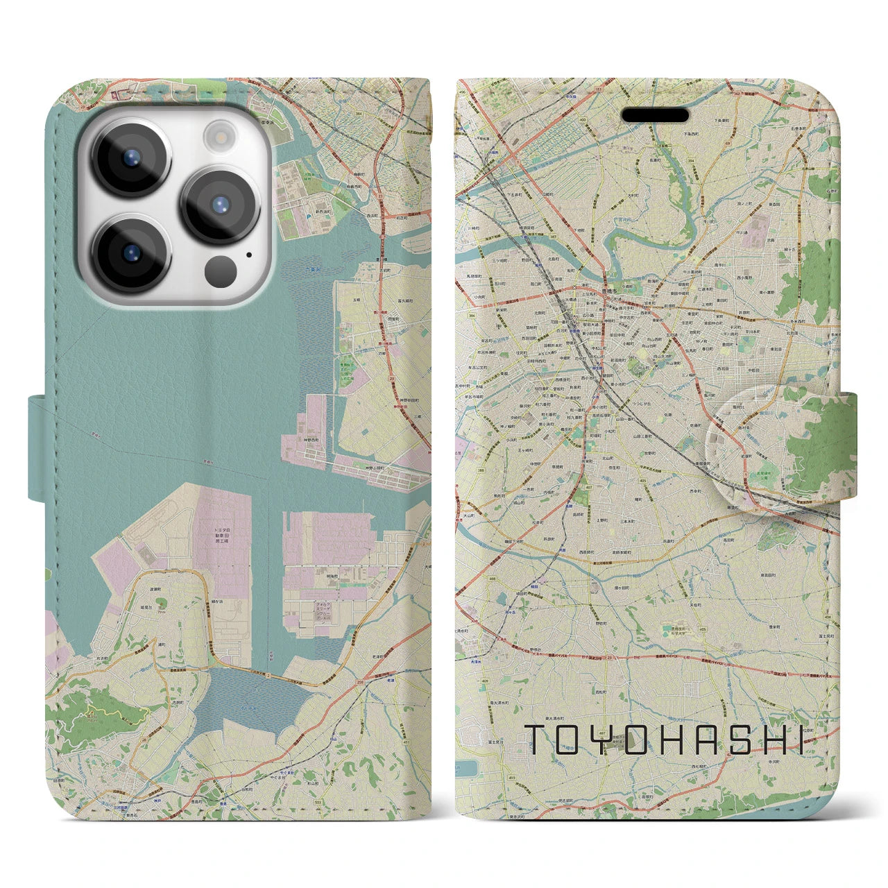 【豊橋】地図柄iPhoneケース（手帳両面タイプ・ナチュラル）iPhone 14 Pro 用
