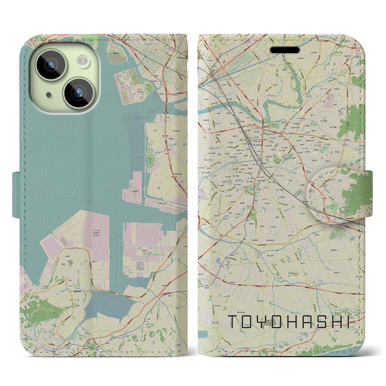 【豊橋】地図柄iPhoneケース（手帳両面タイプ・ナチュラル）iPhone 15 用