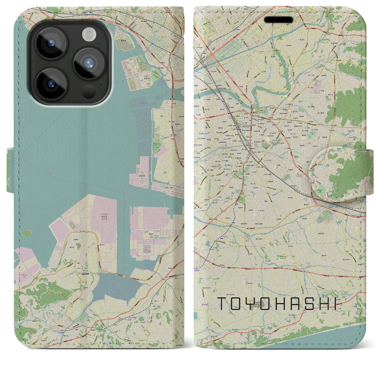 【豊橋】地図柄iPhoneケース（手帳両面タイプ・ナチュラル）iPhone 15 Pro Max 用