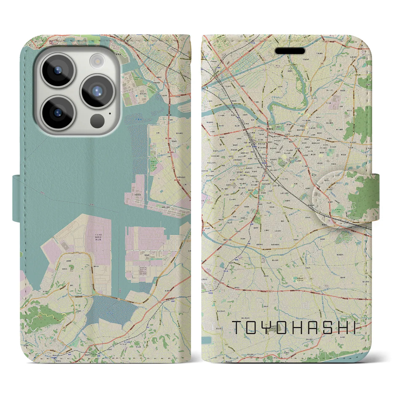 【豊橋】地図柄iPhoneケース（手帳両面タイプ・ナチュラル）iPhone 15 Pro 用