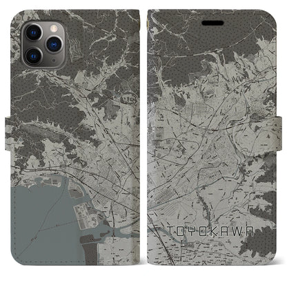 【豊川（愛知県）】地図柄iPhoneケース（手帳タイプ）モノトーン・iPhone 11 Pro Max 用