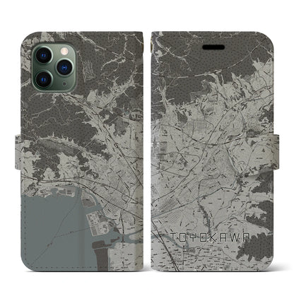 【豊川（愛知県）】地図柄iPhoneケース（手帳タイプ）モノトーン・iPhone 11 Pro 用